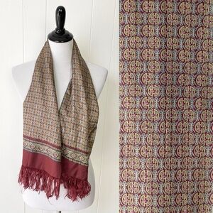 VTG 100% Silk Scarf Burgundy Yellow Pink Geo Rectangle Tassel Fringe 25” X 11